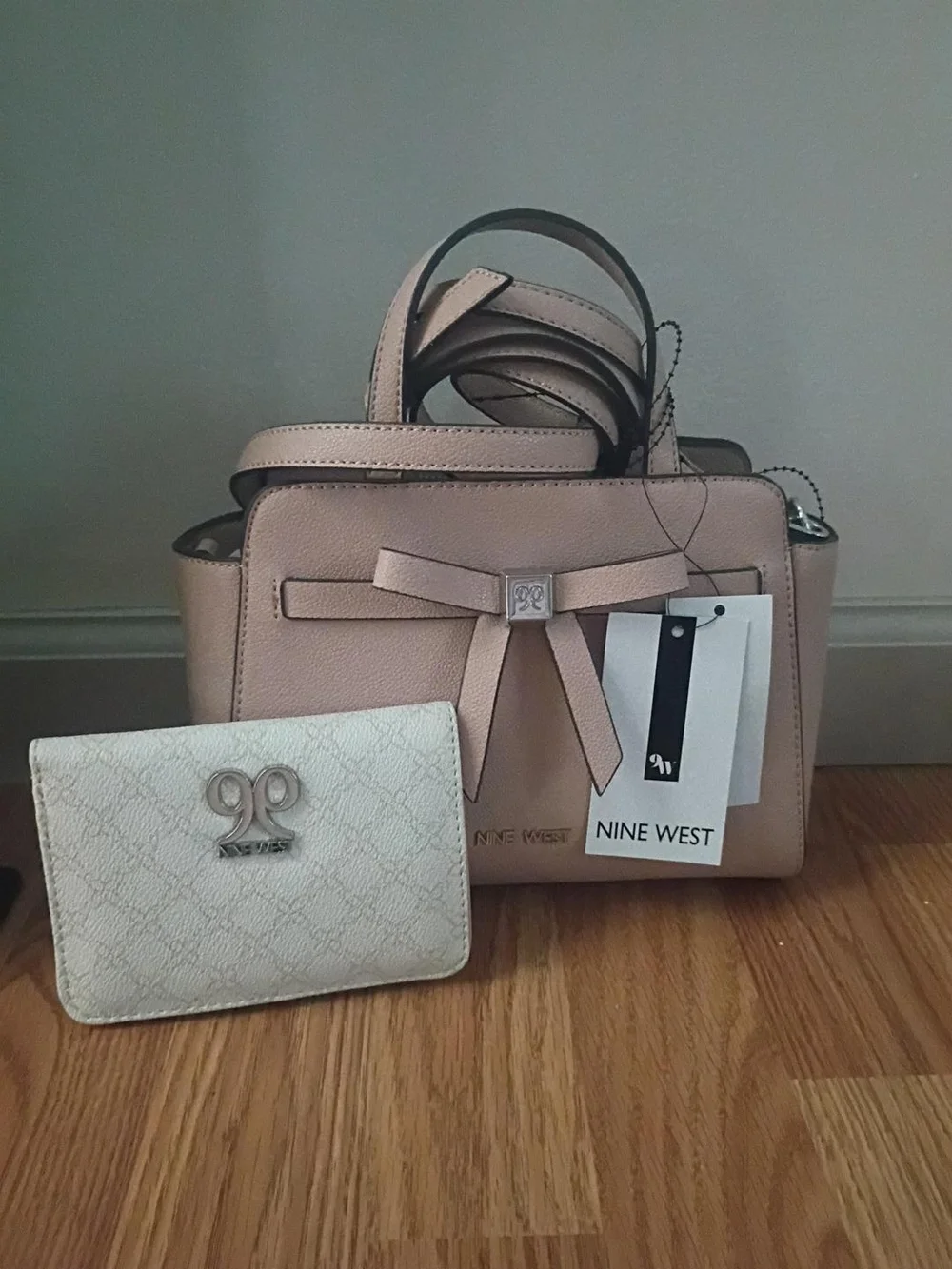 Nine West Blush Pink Bow Satchel with Matching Card Case